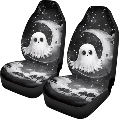 2 Pcs Halloween Ghost Car Seat Covers Set Vehicle Front Seat Protector Auto Interior Accessories Protetors Car Mat Covers Universal fit Most Car SUV Van Truck