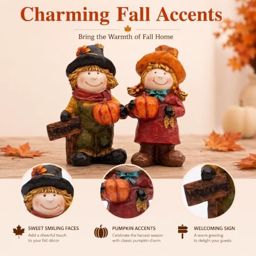 Topadorn Fall Scarecrow Figurines Set of 2, Thanksgiving Pumpkin Decor - Image 6
