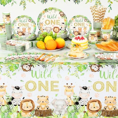 Funnymoom 452 Pcs Wild One Birthday Party Decorations for 50, Safari Jungle Wild One Paper Plates Napkins Cups Tablecloth Cutlery Straws for Boys Kids Woodland Themed First Birthday Party Supplies - Image 6