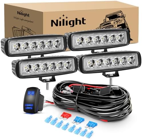 Nilight LED Pods 4PCS 18W 6Inch Flood Offroad Fog Light Bar Waterproof with 16AWG POD Lights Wiring Harness Kit for Boat SUV ATV 4WD Car Truck Golf Cart 12V 24V -4 Leads