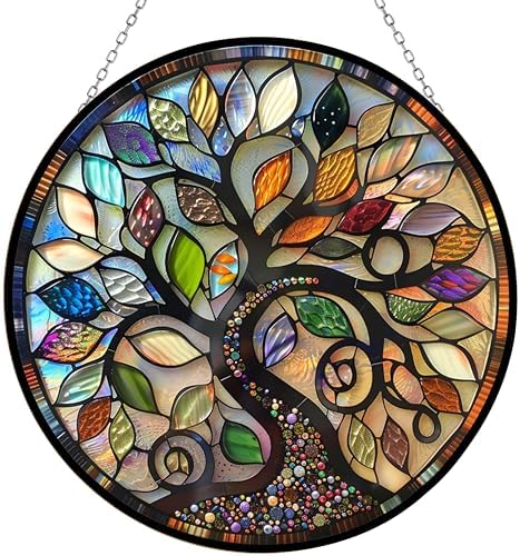 Stained Glass Window Hanging Bohemian Tree of Life Suncatcher for Window Doors Home Decoration and Christmas, Mother's Day Father's Day Birthday Gifts for Women, Men, and Mom 11.8x11.8 in by 365CUSGIFTS
