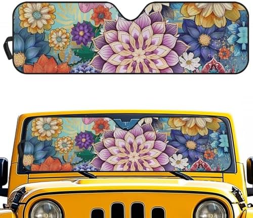 Renewold Car Front Window Sun Shade Automotive Windshield Sunshade for Jeep Wrangler JK JKU JL JLU 2/4 Door Gladiator JT 2020-2023 Boho Flower Auto Sun Blocker Visor Protector Shield Car Accessories