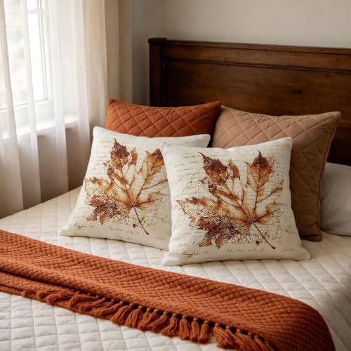 Vintage Fall Pillow Covers 22x22 Set of 2, Rustic Maple Leaf Autumn Themed Thanksgiving Decorative Throw Pillow Cases Holiday Outdoor Seasonal Farmhouse Decor for Sofa Couch Bed - Image 7