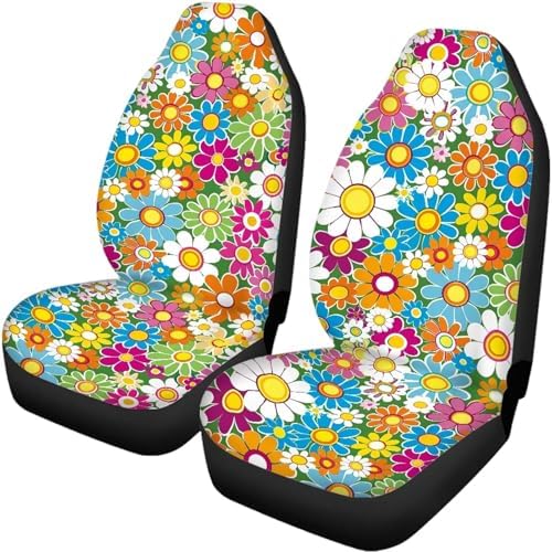 Vibrant Hippie Flower Print Car Seat Covers 4Pcs Front & Rear Breathable Seat Covers Universal Fits for Truck, Sedan, SUV Auto Interior Protector Car Accessories