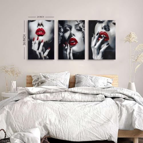 Black and White Fashion Wall Art Abstract American Women Canvas Prints Poster Trendy Girl Red Lip Painting Elegant Woman Picture Watercolor Girly Artwork Bedroom Living Room Home Decoration 24x36" 3P - Image 3