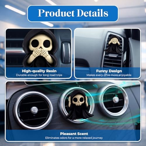 GENANY 3D Resin 3 Pack Grim Reaper Car Vent Clip Air Freshener, Resin Automotive Freshener Set with Gothic Skull Hooded Designs, Horror-themed Accessories and Creepy Auto Decor for Gothic Fans