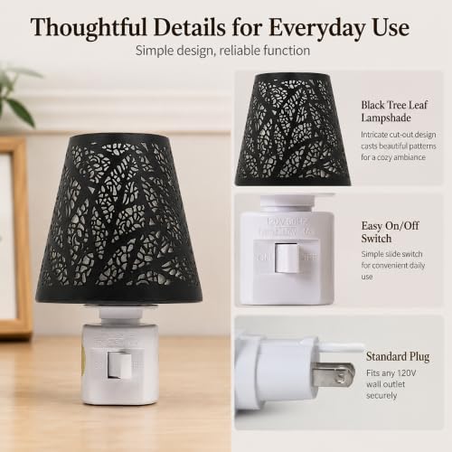 2 Pack Plug In Night Lights, Leaf Cutout Shades, 2700K Warm White E12 Bulbs - Image 3