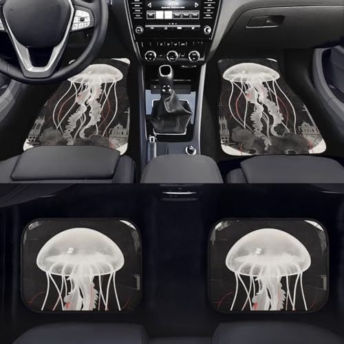 Jellyfish Car Rubber Floor Mat Gothic White Jellyfish 4PCS Front and Rear Mats Rubbers Non Slip Floor Mats Heel Pad Black Circle Car Mat Fit for SUV Van Truck