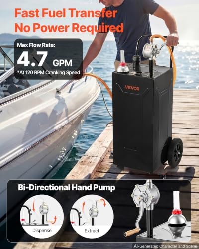 VEVOR 30 Gallon Fuel Gas Caddy, Carbon Steel, Portable Fuel Transfer Storage Tank with Manual Pump & 2 Wheels, Gasoline Diesel Can Container, for Cars, Lawn Mowers, ATVs, Boats, Motorcycles, Black - Image 3