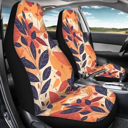 Leaf Set Car Seat Covers for Low Back Car Seats 2pcs, Modern Botanical Durable Car Seat Cover, Red Yellow Line Drawing Art Universal Auto Seats Protector Fits for Car