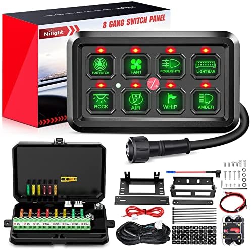 Nilight 8 Gang Switch Panel System Circuit Control Relay System Fuse Wiring Harness Automatic Dimmable ON Off LED Switch Pod for 12V Cars Trucks Campers SUV, 2 Years Warranty