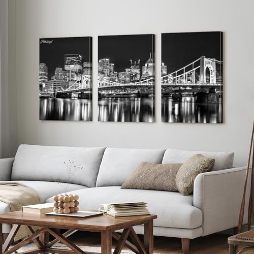 Black and White Pittsburgh Skyline Wall Art for Living Room USA Pennsylvania Cityscape Picture Wall Decor Night View Downtown City Building Skyscraper Panoramic Artwork Bedroom Decoration 24x36" 3P - Image 6