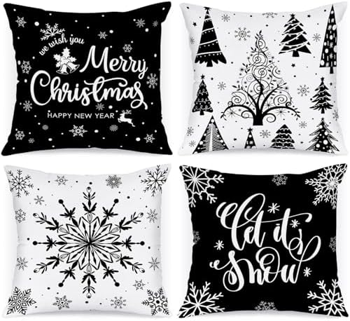 Lanpn Christmas Throw Pillow Covers 26x26 4 pcs, Black White Merry Christmas Xmas Winter Snowflake Decorative Holiday Cushion Pillow Cases 26 x 26 Indoor Farmhouse Home Room Couch Sofa Decor by Lanpn