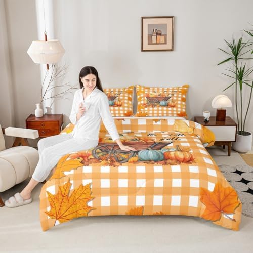 Maple Leaves Comforter Set Full Size Orange Buffalo Plaid Bedding Set For Kids Boys Girls Fall Pumpkin Autum Harvest Down Comforter Thanksgiving Quilted Duvet Plant Leaf Room Decor 2 Pillow Cases - Image 2