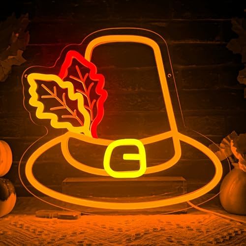 Thanksgiving Hat Neon Sign Thanksgiving LED Neon Light Decoration Glowing Sign USB Powered Wall Hanging Decoration for Fall Neon Sign, carnival, indoor Thanksgiving decoration. by kzjspn