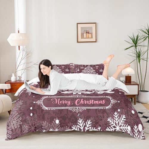 Christmas Tree Kids Duvet Cover Set Full Size,Merry Christmas Holiday Western Bedding Set,Girls Boys Adults Room Decor,Snowflake Paisley Boho Comforter Cover,Purple Retro Quilt Cover,2 Pillowcases - Image 2