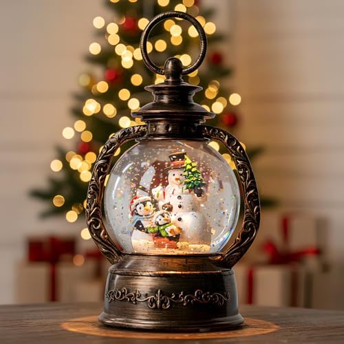 Christmas Snow Globe Lantern Water Glittering Snowman & Penguins with Music & Timer, USB Lined/Battery Operated Lighted Lantern for Christmas Festival Decoration Gifts by Qualdout