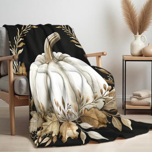 Fall Blankets and Throws White Pumpkin Print Blanket for Couch Bed Room Home Autumn Harvest Flannel Throw Thanksgiving Decor Gifts (49"x59") - Image 3