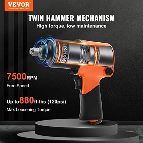 VEVOR Air Impact Wrench, 1/2" Drive Air Impact Gun Up to 880ft-lbs Nut-busting Torque, 7500RPM Lightweight Pneumatic Tool for Auto Repairs and Maintenance - Image 2