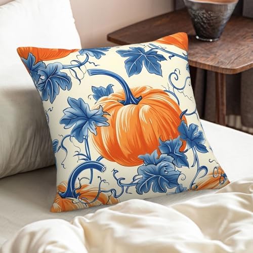 KiuLoam Blue and Orange Fall Pillow Covers 24x24 Inch Set of 2, Fall Decor Pumpkin Leaf Autumn Print Decorative Throw Pillows, Rustic Farmhouse Style Cushion Covers for Sofa Couch Bed Home Decor - Image 2