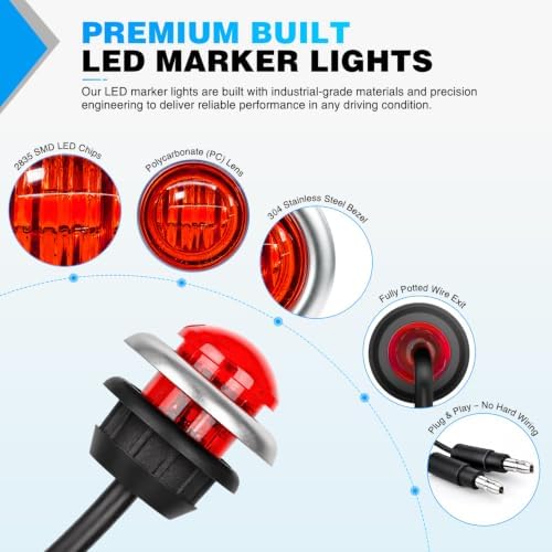 Nilight 3/4" Round Marker Lights 10PCS Red with 304 Stainless Steel Bezel