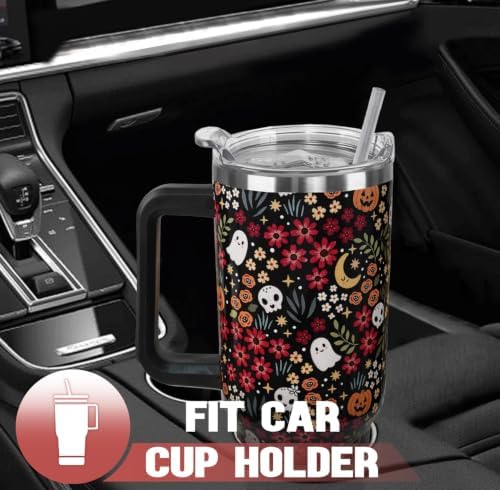 Halloween Tumbler with Handle 40oz Fall Cute Ghost Skull Flowers Coffee Travel Mug Stainless Steel Insulated Cups Halloween Fall Aesthetics Decor Gifts - Image 7