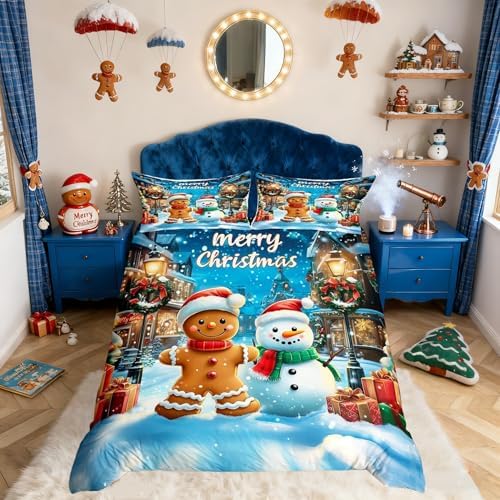 Gingerbread Man Kids Bedding Set King Size,Cute Snowman Merry Christmas Duvet Cover Set，Snowflake Winter Xmas Poinsettia Room Decor,Blue Brown Quilt Cover,2 Pillowcases(No Comforter) - Image 3