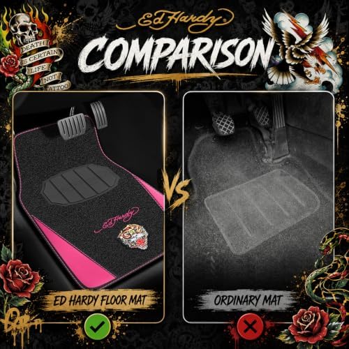 ED HARDY Tiger Print Car Floor Mats, Carpet Floor Mats with Hot Pink Leather Design, Automotive Car Mats with Built-in Heel Pad & Anti-Slip Backing, Fits Most Cars, SUVs & Trucks, Durable & Odorless