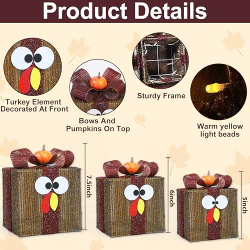 [Timer & 8 Modes] 3 Pack Thanksgiving Decorations Turkey Lighted Gift Boxes - Image 2