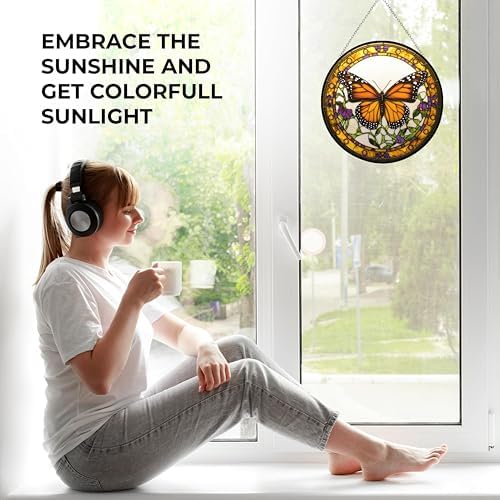 Monarch Butterfly Stained Glass Suncatcher Stained Glass Window Hangings Birthday Gift for Mom Grandma Teacher Women Friend Memorial Hook - Image 5