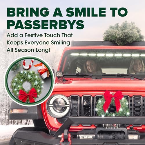 TACTIK Christmas Car Decoration - Car Christmas Wreath - 2025 Light-Up Christmas Wreath for Vehicle Grill - Fits Jeeps Trucks SUVs RVs Golf Carts and More - 12-Volt Plug-in Wreath Lighting - Image 3