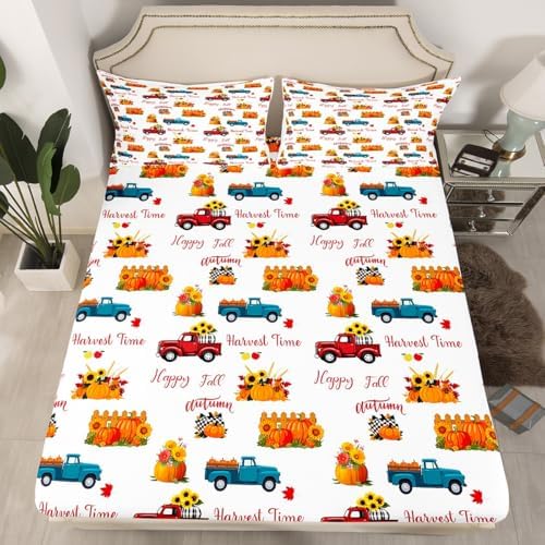 Happy Fall Bedding Set For Kids King Plaid Pumpkin Truck Bed Sheets Thanksgiving Harvest Season Sheet Set Autumn Sunflower Harvest Time Fitted Sheet Red Blue Orange Flat Sheet + 2 Pillow Cases - Image 3