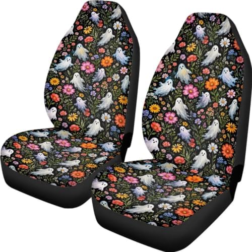 Talayituse Daisy Floral Ghost Print Car Seat Cover for Front Seats, Stretchy Soft Vehicles Seat Cover Universal Fit High Back Car Interior Accessories for SUV Van Sedan Halloween Decor
