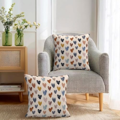 KiuLoam Boho Pillow Covers 22x22 Inch Set of 2 Rustic Blue Yellow Orange Love Heart Print Decorative Throw Pillows Outdoor Vintage Valentine Themed Cushion Cases for Sofa Couch Bed Decor - Image 3