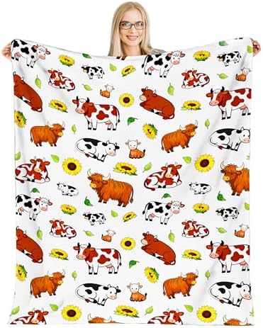 Cow Blanket Highland Cow Blanket Soft Fluffy 60"x50" Farm Cow Sunflower Throw Blanket for Bedroom Living Rooms Sofa Couch Travel Camping Christmas Birthday Gifts for Women Men Kid by Cvrozpwy