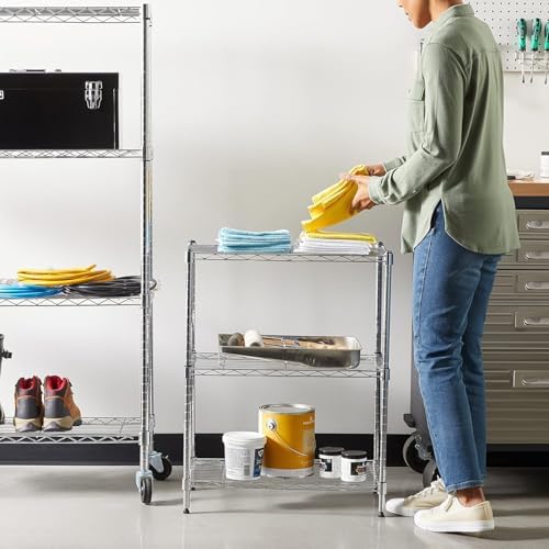 Amazon Basics 3-Shelf Adjustable Heavy Duty Steel Wire Shelving Rack with Chrome Finish, No-Tool Assembly, 250 lbs per Shelf, 23.2" L x 13.4" W x 30" H - Image 3