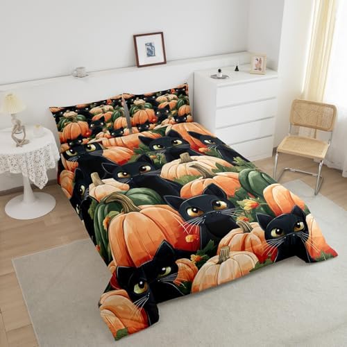 Erosebridal Black Cat Pumpkin Bedding for Youth Teenagers Happy Festival Bedding Comforter Sets, Kids Newborn Pumpkin Decor Comforter Set Magical Black Cat Quilt 3Pcs Queen, 1 Comforter 2 Pillowcases - Image 3