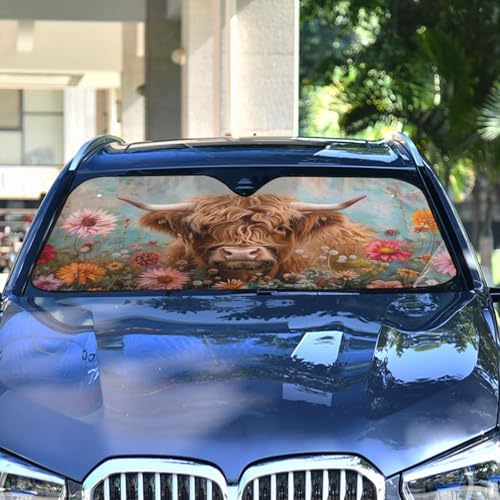 Highland Cows Florals Car Windshield Sun Shade Foldable UV Ray Sun Visor Protector Sunshade to Keep Your Vehicle Cool (53" x 23.5")