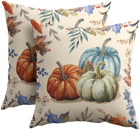 Fall Pumpkin Throw Pillow Covers 24x24 Set of 2 Thanksgiving Colorful Leaves Pillow Covers Orange Blue Pumpkin Watercolor Foliage Pillowcase for Kitchen Outdoor Couch Bedroom Living Room Decoration by Trongr