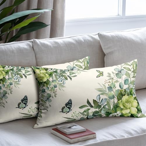 Spring Pillow Covers 12x20 Set of 2 Green Floral Throw Pillow Covers Rustic Pillowcase Linen Decoration Farmhouse Soft Decorative Summer Cushion Case Couch for Indoor Outdoor Home Decor - Image 7