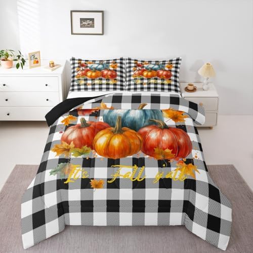 Pumpkin Fall Bedding Set Buffalo Grid Comforter Set Autum Maple King by Erosebridal
