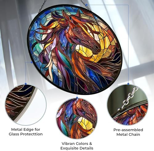Horse Stained Glass Suncatcher Four Season Theme Colorful Leaves Window Wall Hanging Ornament Hand-Painted Glass Panel Decor Gift for Women Christmas Thanksgiving Gift 6.3" - Image 2