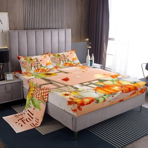 Happy Fall Gnomes Bedding,Thanksgiving Pumpkin Bed Sheets Twin Fall Home Room Decor,Autumn Natural Harvest Season Fitted Sheet + Flat Sheet + 1 Pillow Case,Rustic Maple Leaf Sunflower Sheet Set - Image 2