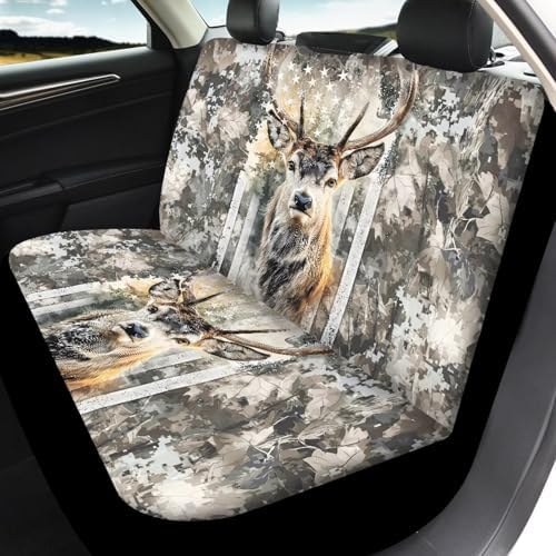 Vintage US Flag Hunting Deer Print Car Seat Covers 4Pcs Front & Rear Breathable Seat Covers Universal Fits for Truck, Sedan, SUV Auto Interior Protector Car Accessories