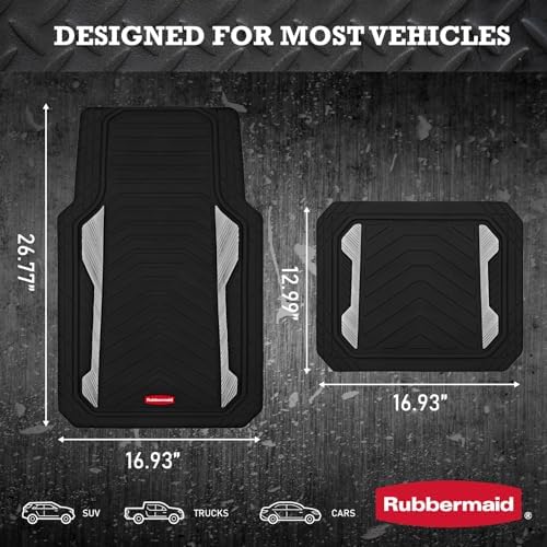 Rubbermaid Car Floor Mat, Heavy Duty All-Weather Car Mats Full Set with Dual-Tone Sliver Aluminum Inserts – Universal Fit, Anti-Slip Backing, Trim-to-Fit for Most SUV, Sedan, Van