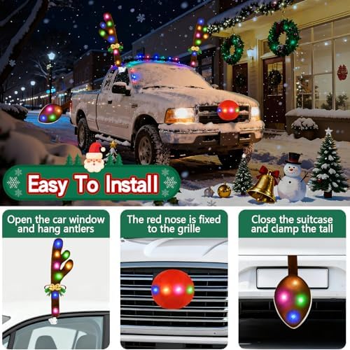 Christmas Car Decorations Reindeer Car Kit Antlers with Lights, Jingle Bells Rudolph Reindeer and Nose, Tail Cute Costume Auto Accessories for Trunk Vehicles SUV Antenna Toppers Multicolor - Image 3