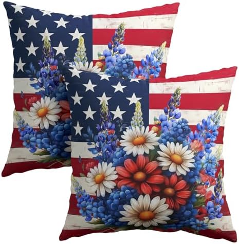 4th of July Patriotic Flower Pillow Covers 20x20 Inches American Flag Independence Day Throw Pillow Case Set of 2 Memorial Day Pillows Cotton Linen Cushion Cover for Home Couch Sofa Livingroom by Sweetshow