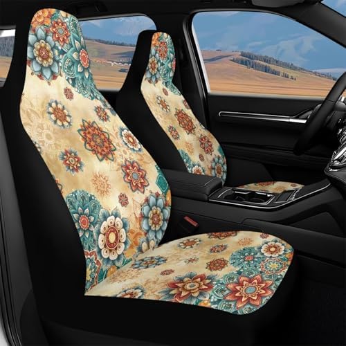 Bulopur Boho Floral Waterproof Car Front Seat Covers Airbag Compatible Cloth Auto Seat Cushions Protector for SUV Truck Van, Easy to Install Car Interior Decor