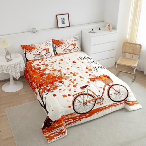 Homewish Rustic Farmhouse Bike Comforter Set Full Size,Orange Maple Leaves Bedding 3pcs for Kids Boys Girls Room Decor,Happy Fall Y'all Quilted Duvet Romantic Autumn Plants Bedspread,2 Pillowcases - Image 3