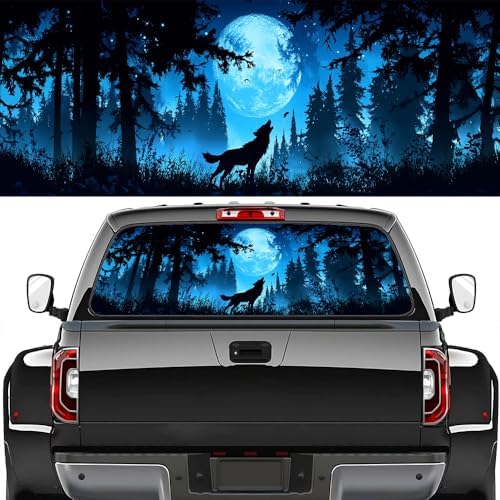Vintage Wolf Pickup Truck Decals Rear Window, Full Moon Forest Animal Howling Automotive Decals and Graphics Rear Window Decals for Trucks, Car Window Decal Sticker 66 x 22 inch